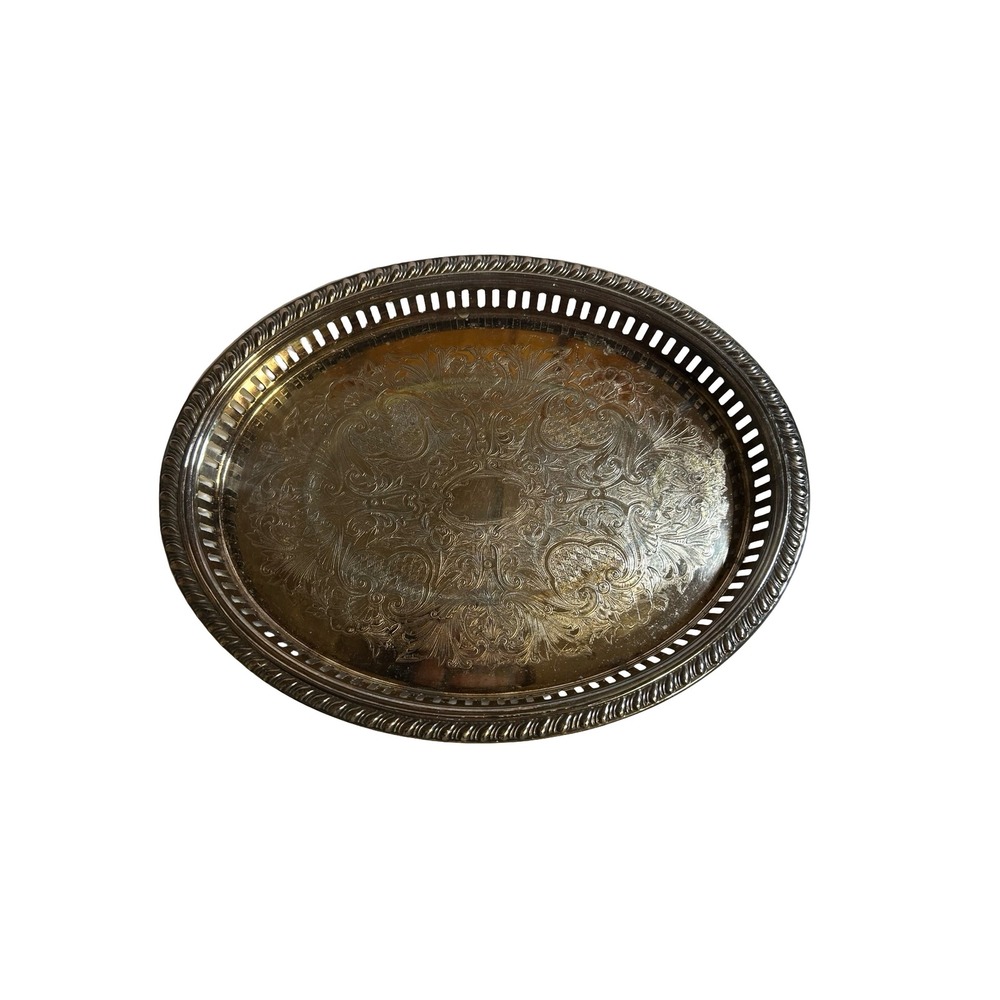 Vintage‎ Leonard Silverplate Oval Gallery Tray 13" Ornate Engraved Serving Tray